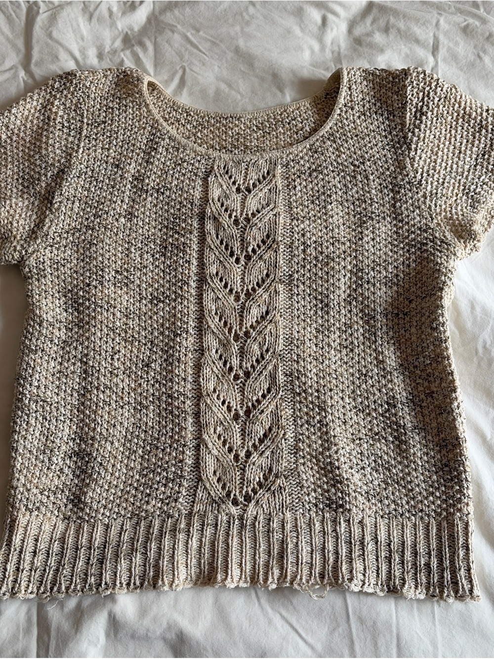 Beige Knit Short-Sleeve Sweater with Center Cable Detail